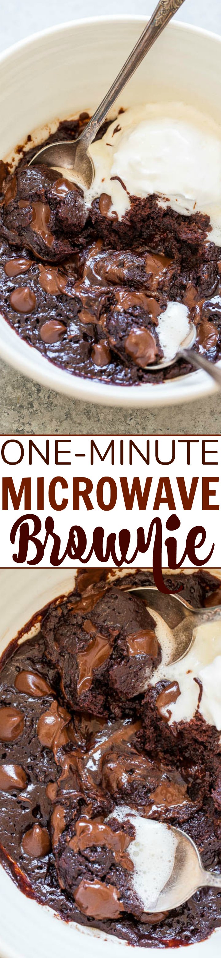 One-Minute Microwave Brownie - When chocolate cravings strike, make this EASY brownie recipe in one bowl, without a mixer, and it's ready in ONE MINUTE!! Rich, FUDGY, decadent, and accidentally vegan!! (no dairy, no butter, no eggs!)