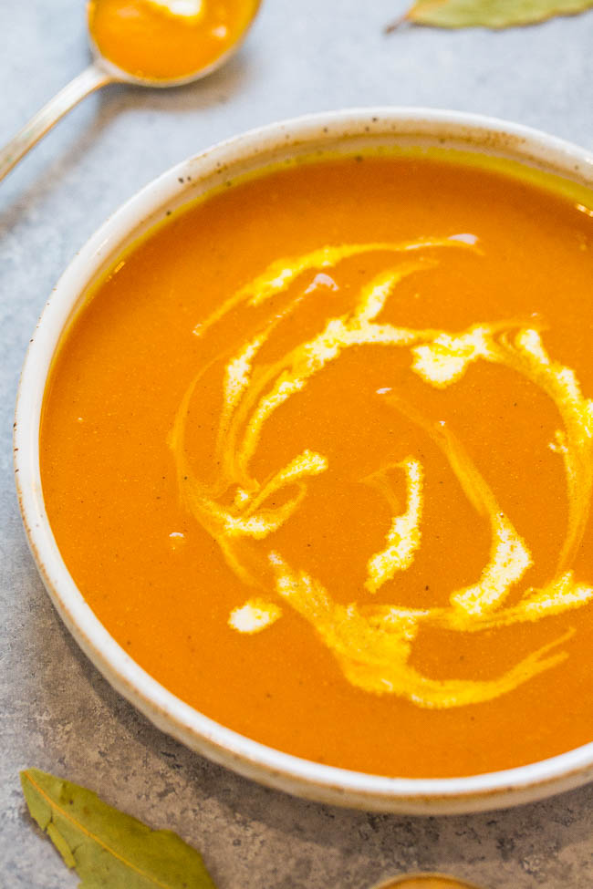 Easy 30-Minute Pumpkin Soup - Silky smooth, rich pumpkin flavor, and accidentally healthy!! Amazing depth of flavor for a FAST and EASY soup that's hearty and comforting without being heavy!!