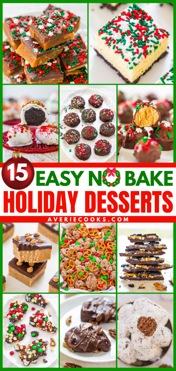 15 Easy No-Bake Christmas Treats — No time to bake? Here are 15 FAST and EASY no-bake desserts! Whether you want chocolate, peanut butter, bark, or truffles, these recipes have you covered!!
