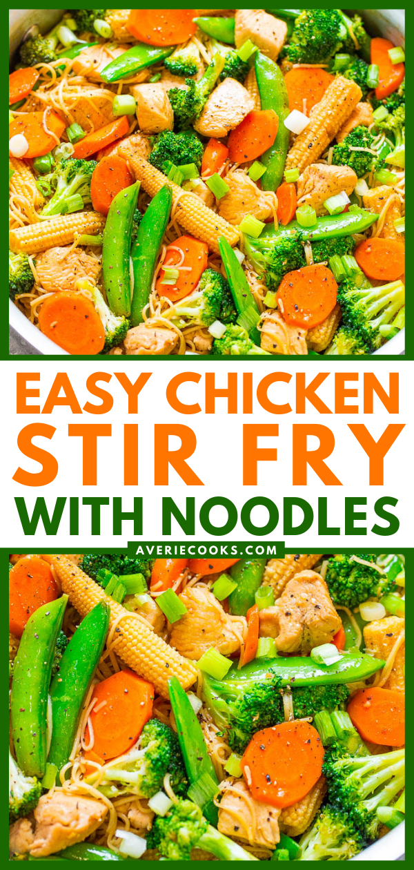 Chicken Stir-Fry with Noodles — Skip takeout and make this EASY stir fry that's ready in 15 minutes!! Loaded with juicy chicken, crisp-tender veggies, comforting noodles, and Asian-inspired flavors! Perfect for busy weeknights!!