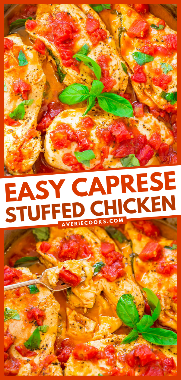 Caprese Stuffed Chicken — Juicy chicken stuffed with sun-dried tomato pesto, gooey mozzarella cheese, and topped with fresh basil!! EASY, ready in 30 minutes, loaded with FLAVOR, and a family dinner favorite!!