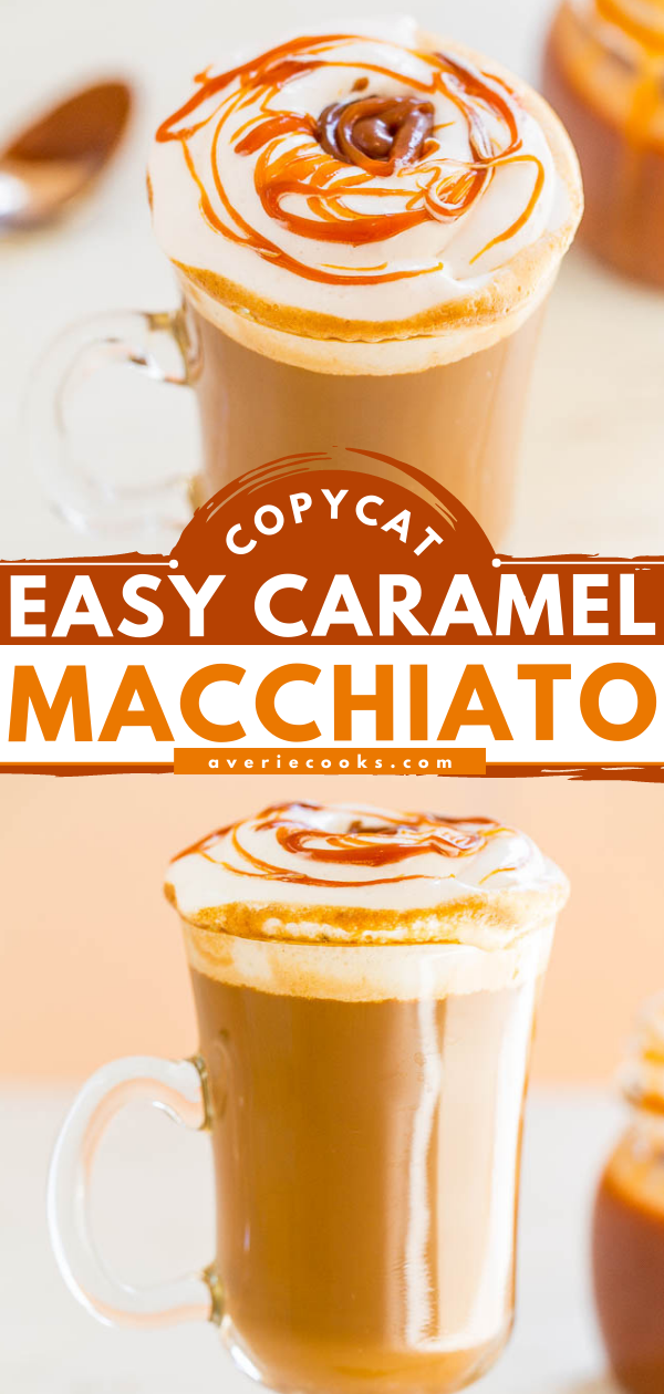 Caramel Macchiato {Starbucks Copycat Recipe} — An EASY, at-home recipe for the beloved coffee shop drink!! It tastes AMAZING and your wallet will thank you! No espresso maker or milk frother required!!