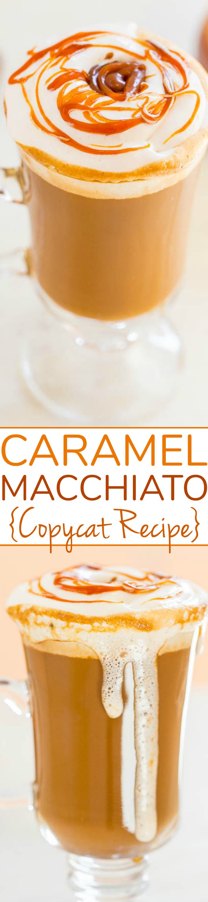 Caramel Macchiato {Copycat Recipe} - An EASY, at-home recipe for the beloved coffee shop drink!! It tastes AMAZING and your wallet will thank you! No espresso maker or milk frother required!! 