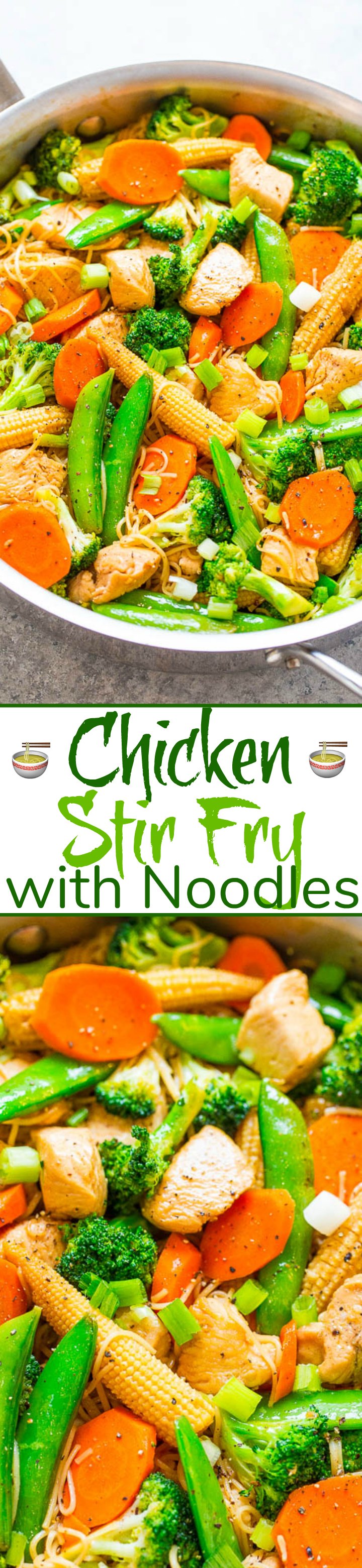 Chicken Stir Fry with Noodles - Skip takeout and make this EASY stir fry that's ready in 15 minutes!! Loaded with juicy chicken, crisp-tender veggies, comforting noodles, and Asian-inspired flavors! Perfect for busy weeknights!! 