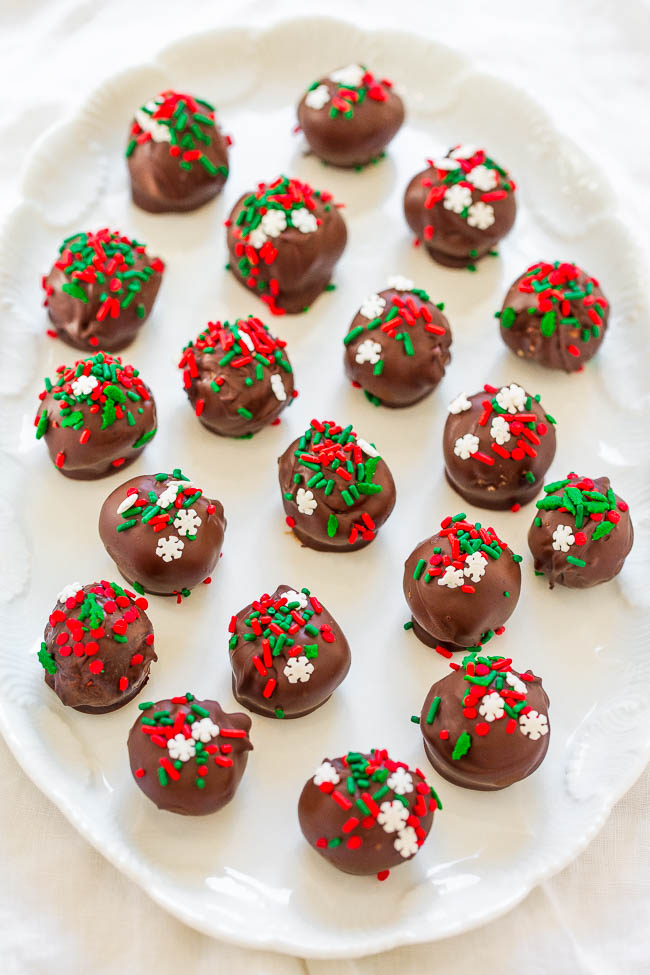 holiday Chocolate Peanut Butter Balls on large white platter