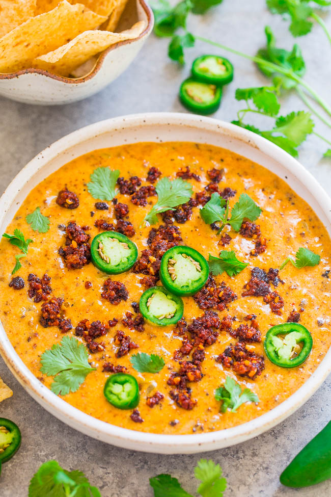 Spicy Chorizo Queso - No processed cheese in this EASY cheese dip that's ready in 20 minutes!! Wonderfully spicy thanks to the chorizo! Great appetizer for holiday entertaining, parties, and game days!!