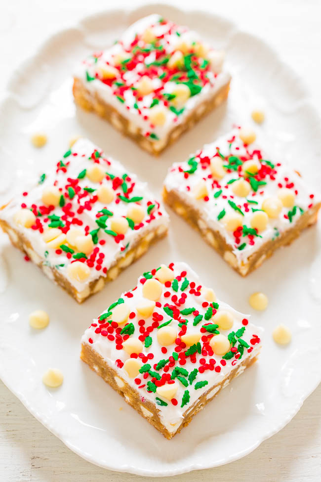 White Chocolate Christmas Blondies with Cream Cheese Frosting