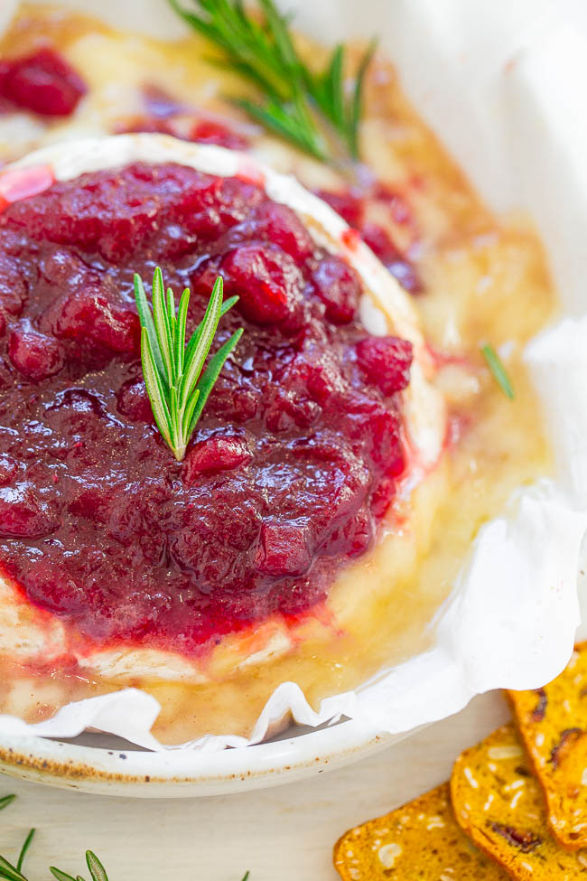 cranberry brie appetizer garnished with fresh rosemary