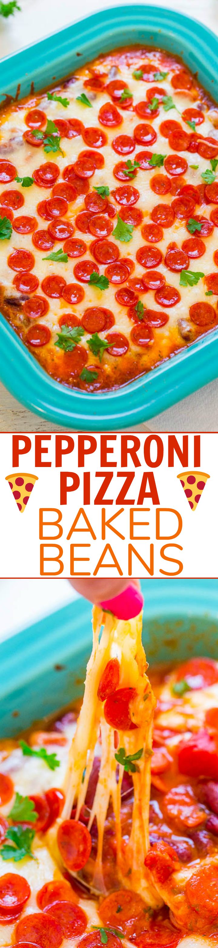 Pepperoni Pizza Baked Beans - PIZZA-inspired flavors in this EASY recipe that works great as an appetizer, side dish, or FAST weeknight dinner!! Tomatoes, oregano, pepperoni, and oodles of melted CHEESE!!