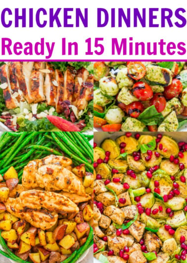 Collage of various healthy chicken dinner dishes with a title "15 skinny chicken dinners ready in 15 minutes" indicating low-calorie recipes that can be prepared quickly.