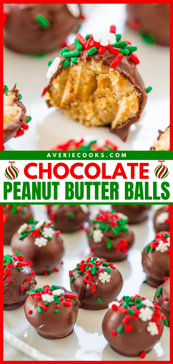 Chocolate Peanut Butter Balls — EASY, NO-BAKE chocolate peanut butter balls that are a holiday favorite!! They have it all: Salty, sweet, crunchy, with chocolate and peanut butter! Great for cookie exchanges or impromptu parties!!