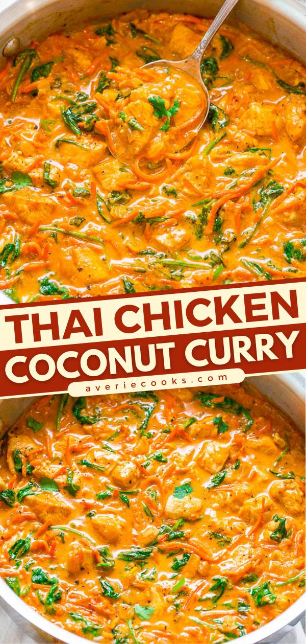 Thai Chicken Coconut Curry – An EASY one-skillet curry that’s ready in 20 minutes and is layered with so many fabulous flavors!! Low-cal, low-carb, and HEALTHY but tastes like comfort food!!