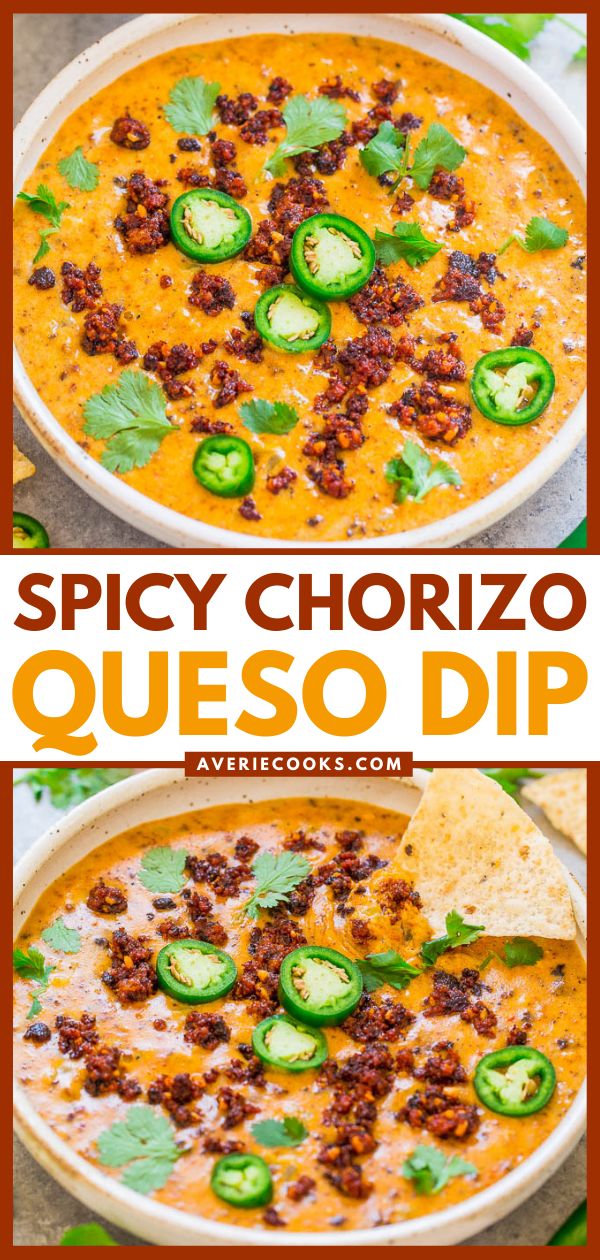 Spicy Chorizo Queso — No processed cheese in this EASY queso dip that's ready in 20 minutes!! Wonderfully spicy thanks to the chorizo! Great appetizer for holiday entertaining, parties, and game days!!