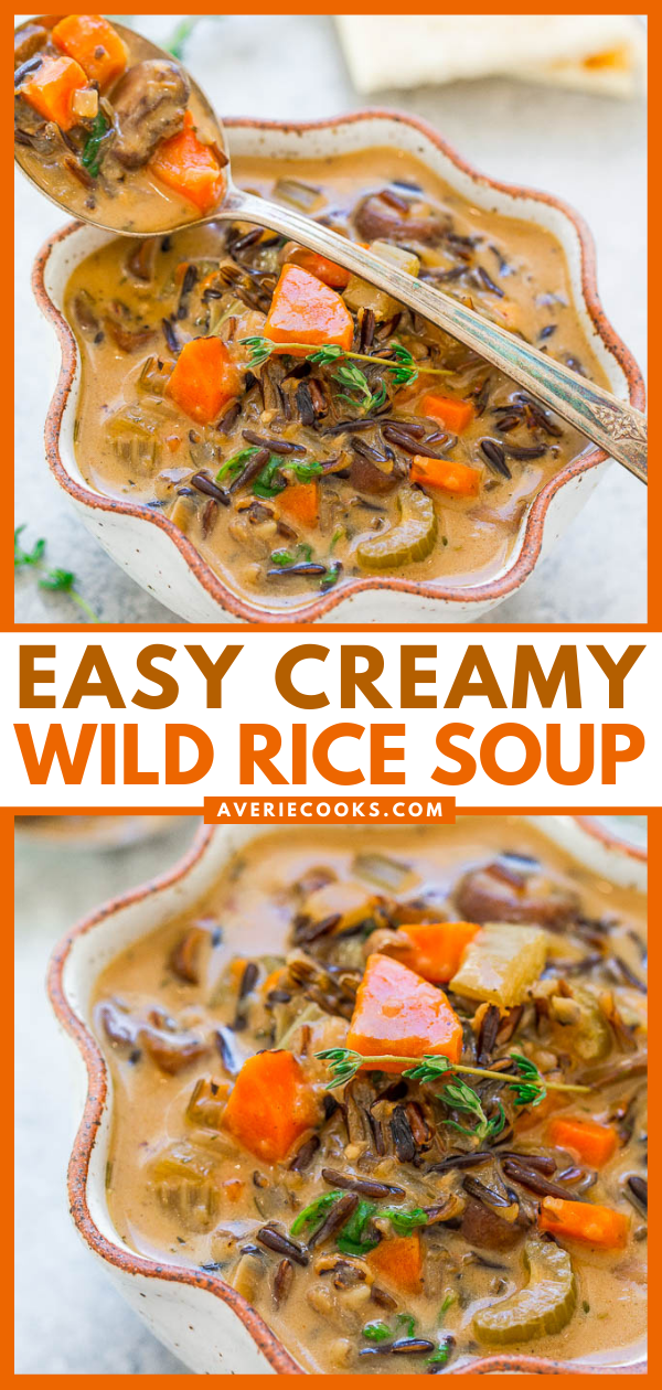 Creamy Wild Rice Soup — Hearty, comforting, and loaded with chewy texture from the wild rice!! This EASY recipe is made in one pot on the stovetop, ready in no time, and perfect for chilly weather!!
