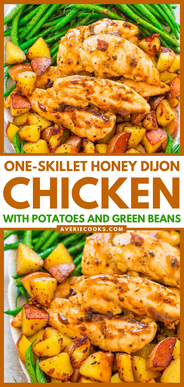 One-Skillet Honey Dijon Chicken, Green Beans, and Potatoes — An EASY, one-skillet recipe that's ready in 20 minutes!! Juicy chicken, crispy potatoes, and crisp-tender green beans for the WIN! Great for busy weeknights or date-night-in!!