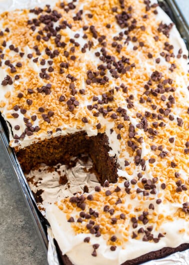 A frosted cake with mini chocolate chips and toasted coconut flakes in a baking dish, partially sliced.