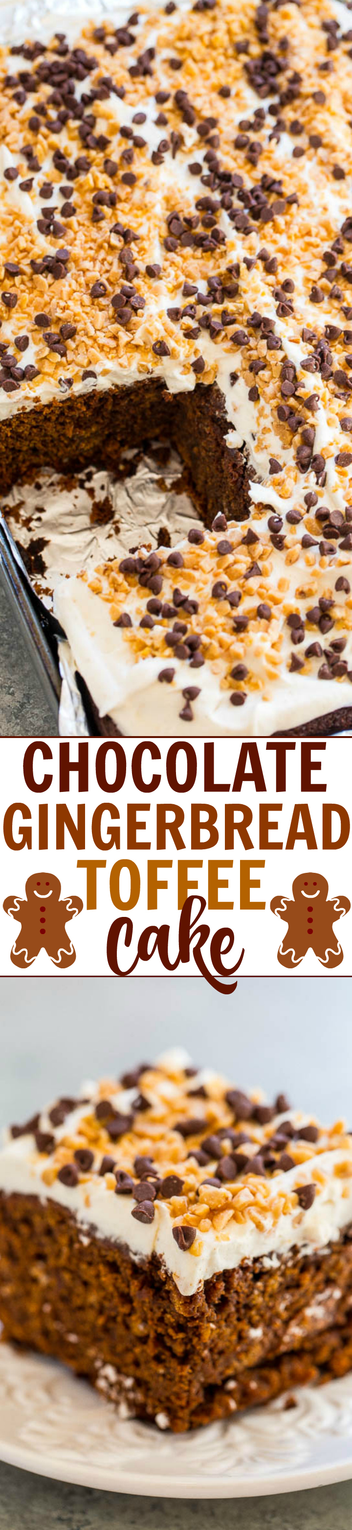 Chocolate Gingerbread Toffee Cake - An EASY, no mixer cake that's perfect for the holidays!! Chocolate and ginger are amazing together! The GINGER spiced whipped cream is the literal icing on this cake!!