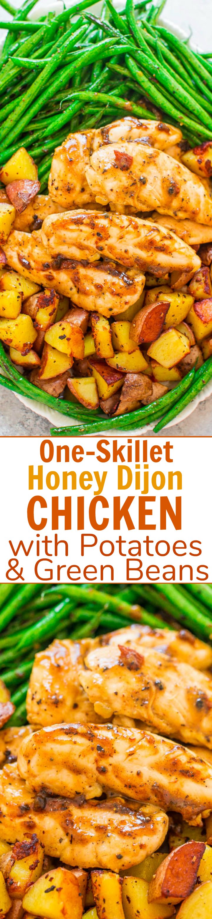 One-Skillet Honey Dijon Chicken, Green Beans, and Potatoes — An EASY, one-skillet recipe that's ready in 20 minutes!! Juicy chicken, crispy potatoes, and crisp-tender green beans for the WIN! Great for busy weeknights or date-night-in!!