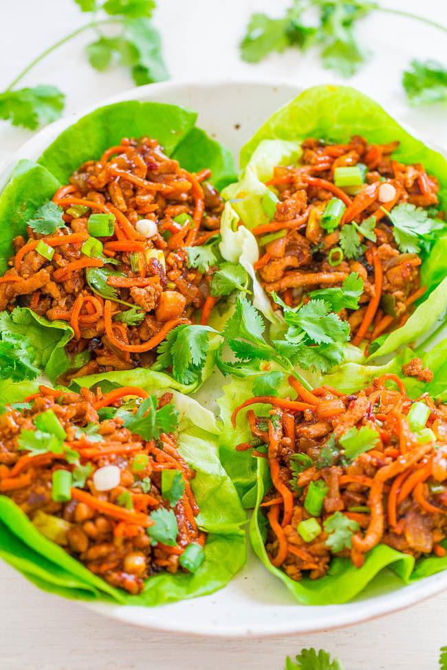 Overhead shot of Thai Chicken Lettuce Wraps on a white plate
