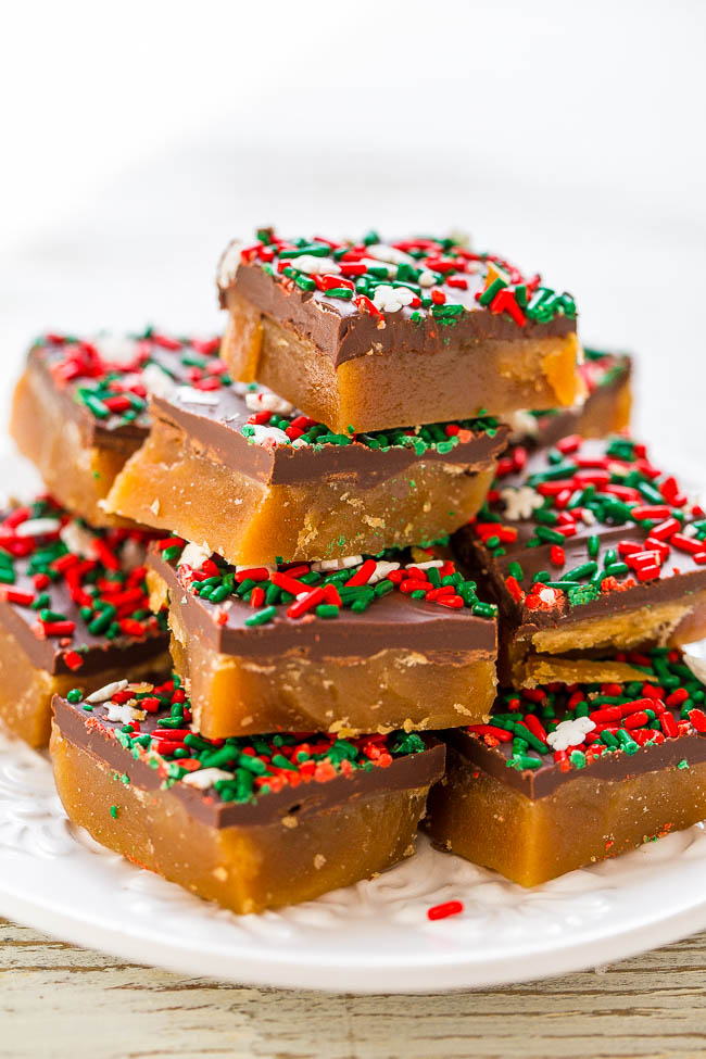 holiday sprinkled toffee piled high on a white plate 