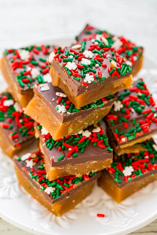 Melt In Your Mouth Toffee - Irresistible, buttery, ADDICTIVE, and just melts in your mouth!! EASY and perfect for holiday parties, gift-giving, or cookie exchanges!!