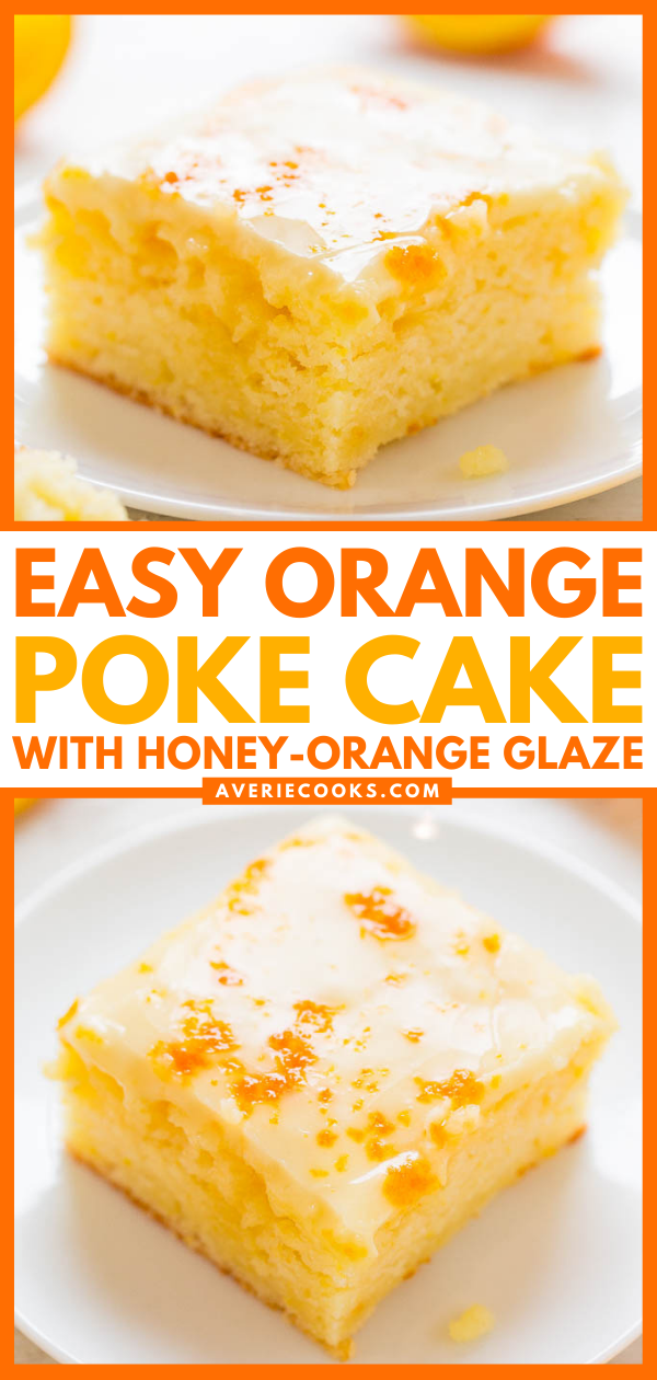 Orange Juice Cake with Honey-Orange Glaze — BOLD orange flavor in this EASY, 100% scratch, no mixer poke cake!! Orange juice, orange extract, and orange zest make this cake the BEST way ever to get your Vitamin C!!