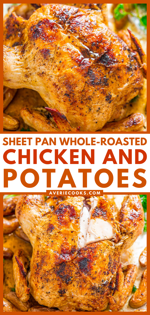 Sheet Pan Whole-Roasted Chicken and Potatoes — FOUR ingredients + ONE pan = PERFECT roasted chicken with ZERO cleanup!! Your new FOOLPROOF and EASY whole roasted chicken recipe that's ready in 1 hour!!