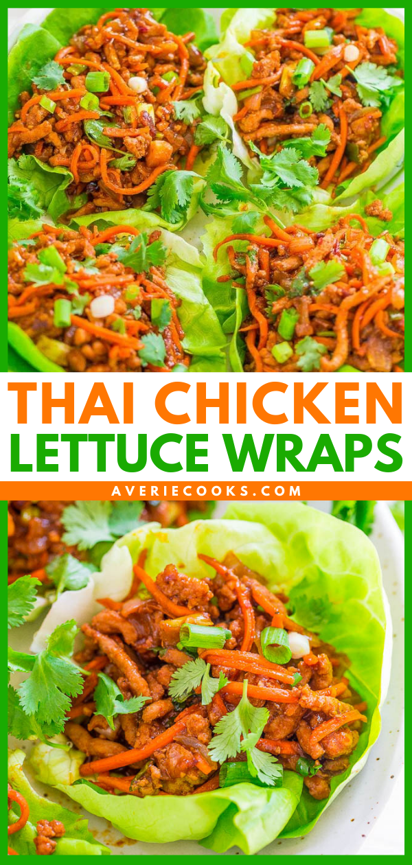 Thai Chicken Lettuce Wraps — EASY, ready in 20 minutes, and layered with FLAVOR galore!! High protein, gluten-free, and the Thai twist is AMAZING! Your NEW GO-TO chicken wrap recipe!!
