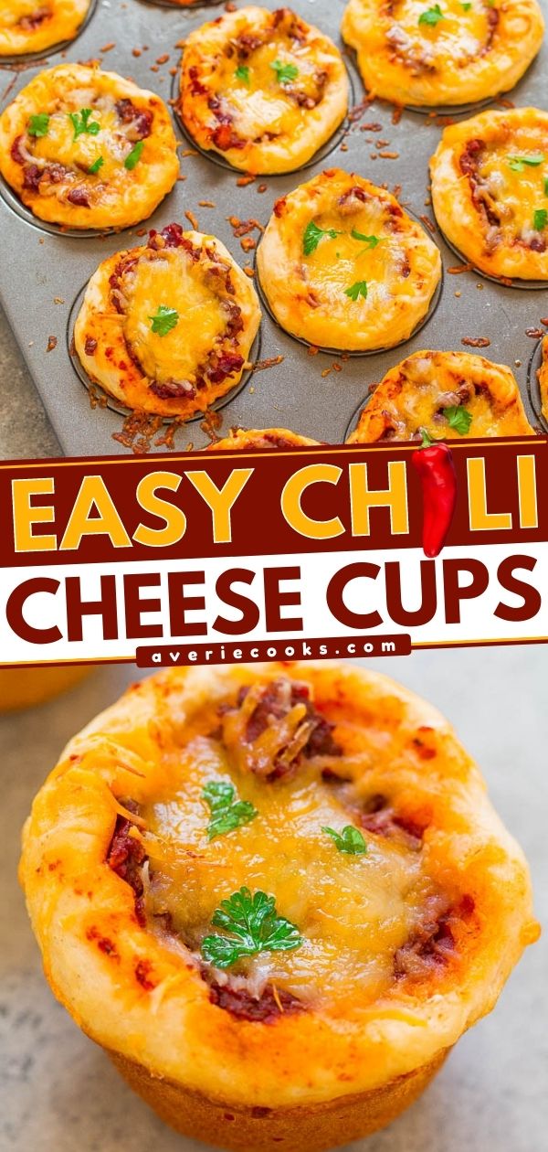 Chili Cheese Cups - Beef chili, topped with loads of cheese, and baked inside flaky, tender biscuits!! Perfect for game day parties and entertaining or an EASY weeknight dinner that's ready in 30 minutes!!