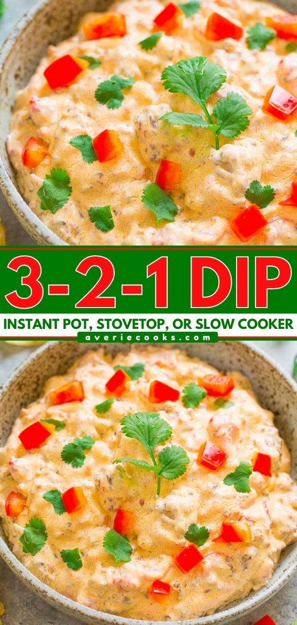 3-2-1 Dip {Instant Pot, Stovetop, or Slow Cooker} - An EASY dip with just 3 different ingredients!! With 3 different choices how to make it! Creamy, cheesy comfort food that's great for game day parties or TV nights on the couch!!