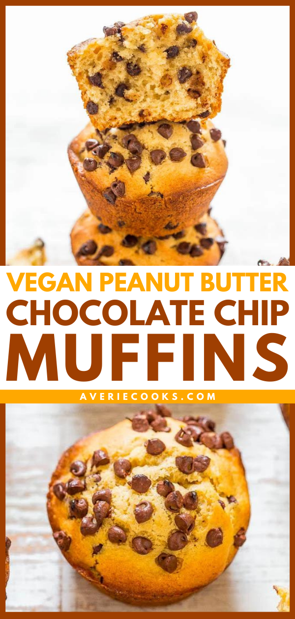 Peanut Butter Chocolate Chip Muffins — Fast, EASY, one bowl, no mixer muffins!! You'd never guess they were vegan! Soft, fluffy, full of PEANUT BUTTER flavor, and LOADED with CHOCOLATE in every bite!!