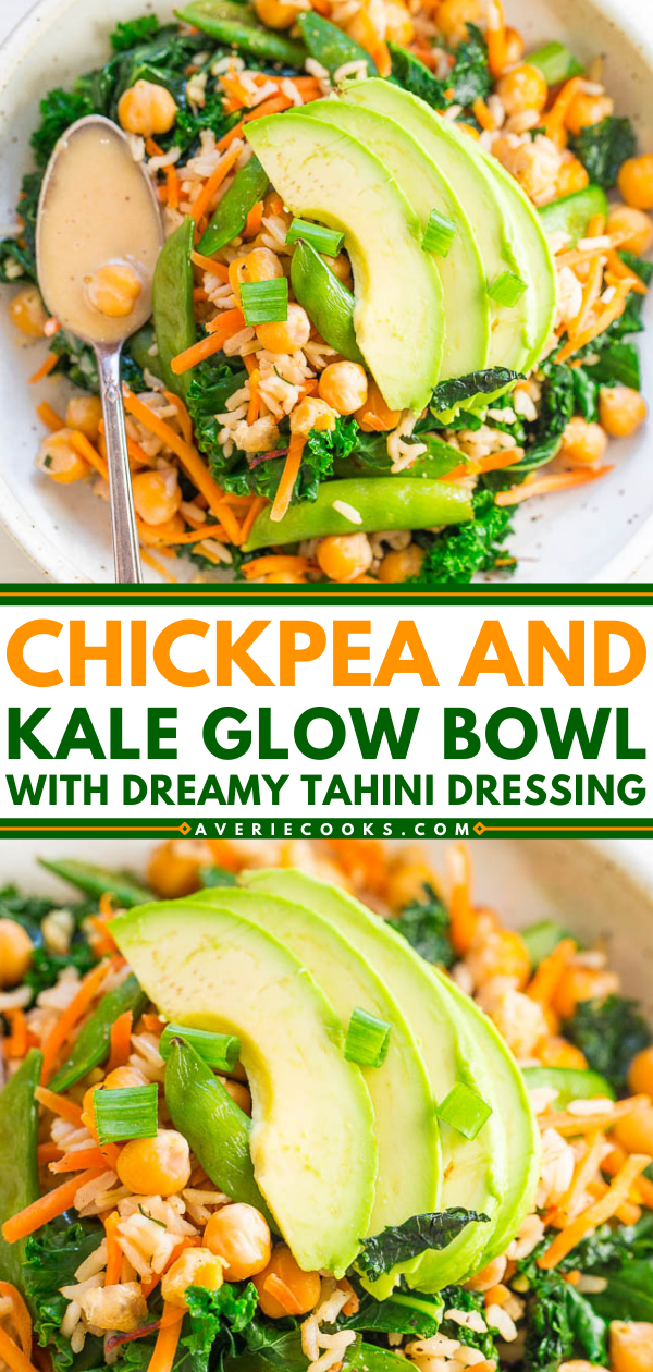 Chickpea and Kale Glow Bowl with Dreamy Tahini Dressing — FAST, EASY, accidentally vegan and gluten-free!! Keeps you satisfied and GLOWING from the inside out! The zippy dressing lives up to its DREAMY name!!