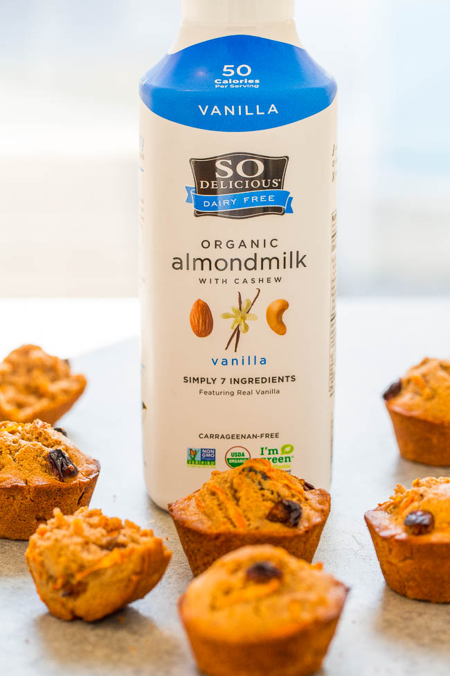 Bottle of almond milk with carrot muffins.