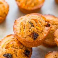 Close-up of freshly baked carrot raisin muffins.