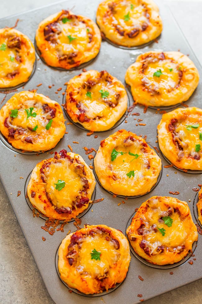 Overhead shot of chili cheese cups in a baking pan