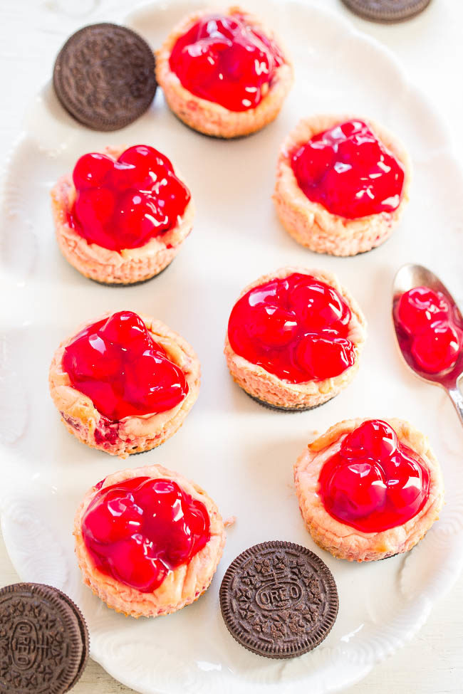 Mini Cherry Oreo Cheesecakes overhead on white platter