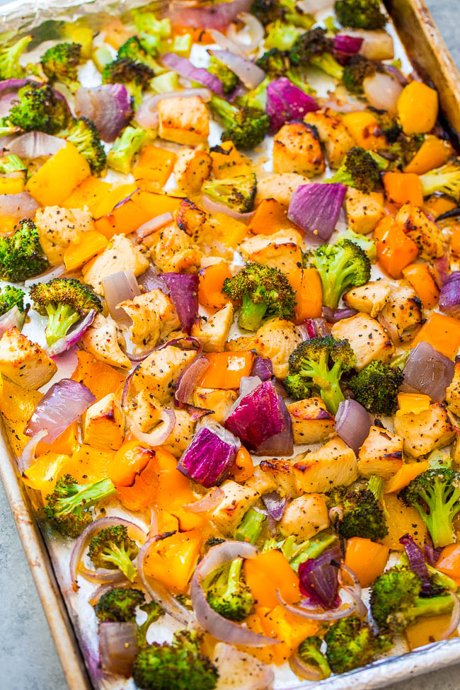 Sheet Pan Skinny Lemon Pepper Chicken and Vegetables - An EASY sheet pan chicken dinner that's ready in 25 minutes!! Bonus that it's SKINNY and has so much FLAVOR from the lemon pepper!!