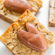 Blondie bars with chocolate hearts on top.