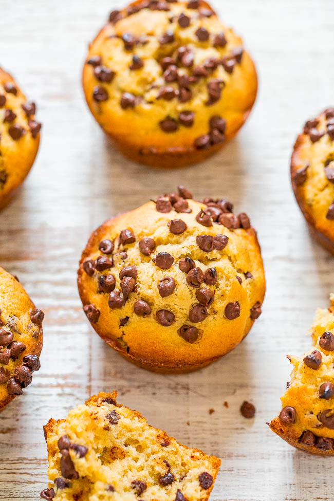 Vegan Peanut Butter Chocolate Chip Muffins - Fast, EASY, one bowl, no mixer muffins!! You'd never guess they were vegan! Soft, fluffy, full of PEANUT BUTTER flavor, and LOADED with CHOCOLATE in every bite!!