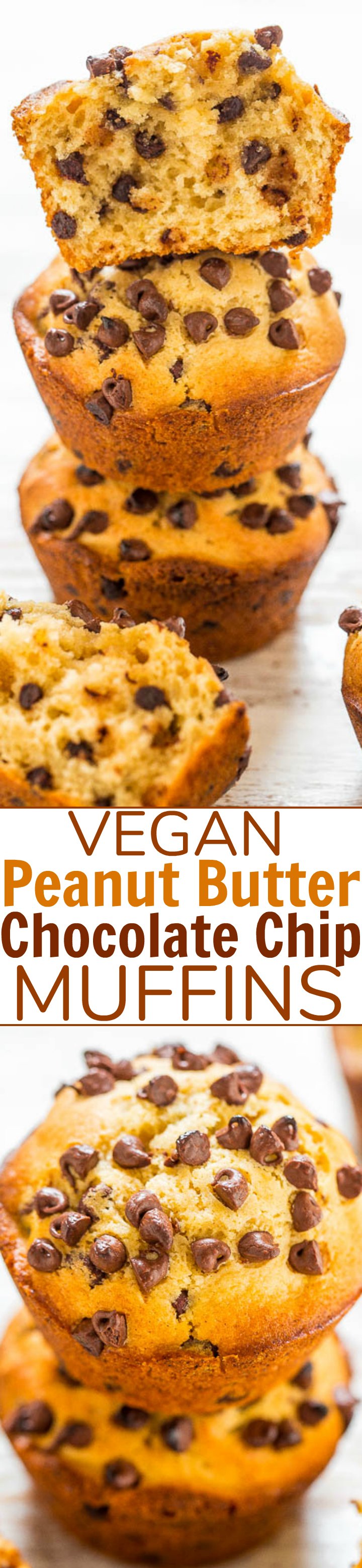 Vegan Peanut Butter Chocolate Chip Muffins - Fast, EASY, one bowl, no mixer muffins!! You'd never guess they were vegan! Soft, fluffy, full of PEANUT BUTTER flavor, and LOADED with CHOCOLATE in every bite!!