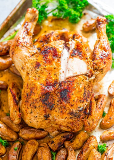 Roasted chicken with golden-brown skin served with herbs and roasted fingerling potatoes.