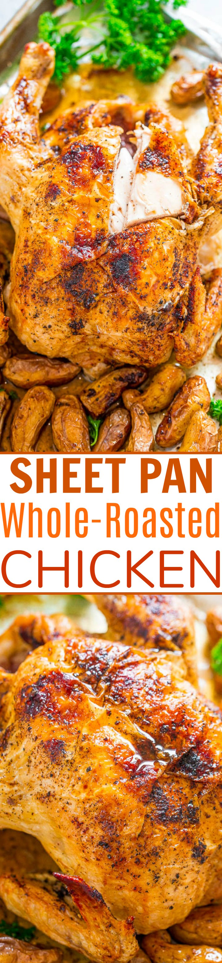 Sheet Pan Whole-Roasted Chicken and Potatoes — FOUR ingredients + ONE pan = PERFECT roasted chicken with ZERO cleanup!! Your new FOOLPROOF and EASY whole roasted chicken recipe that's ready in 1 hour!!