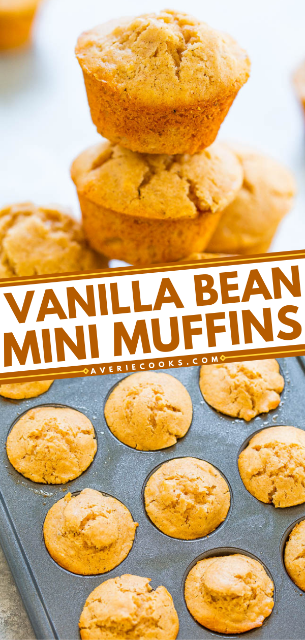 Vanilla Bean Mini Muffins - Fast, EASY, lower sugar, wholesome muffins that are bursting with vanilla bean flavor!! Perfect for breakfast, snacks, and lunch boxes! Mini food always tastes BETTER!!