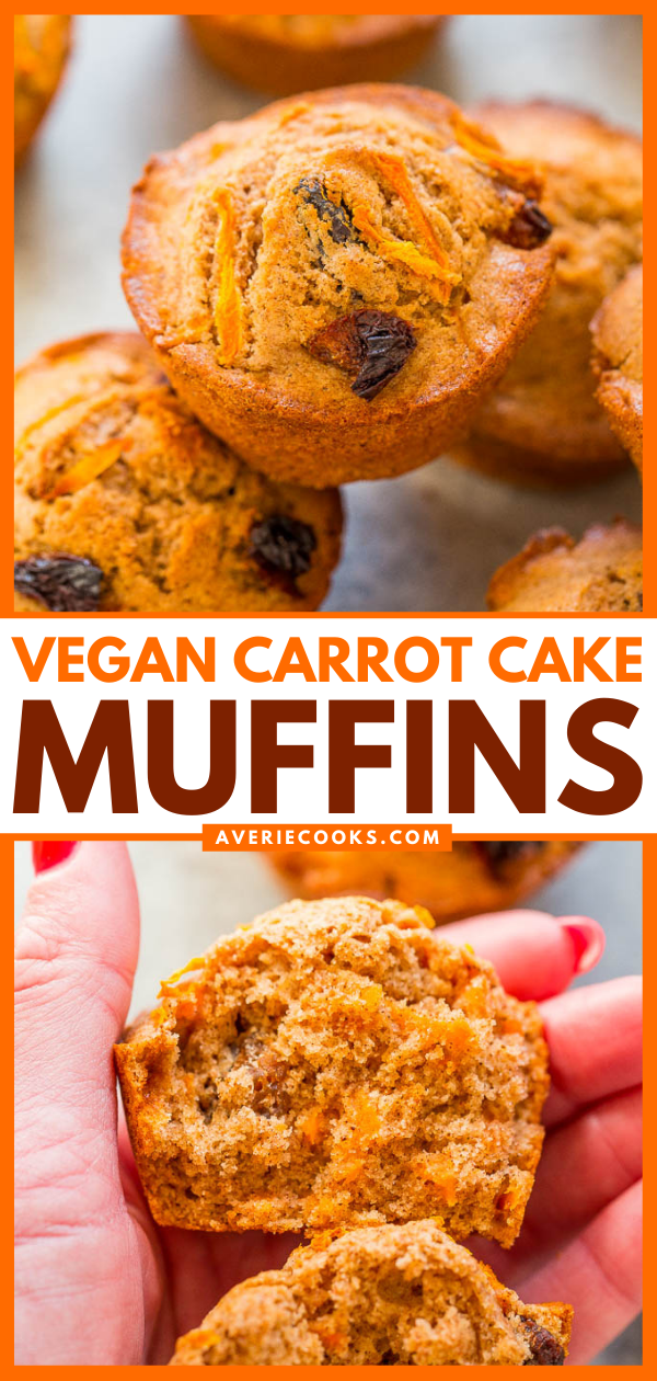 Vegan Carrot Cake Muffins — Fast, EASY, accidentally vegan muffins that are bursting with authentic carrot cake flavor!! If you're looking for a healthier carrot cake recipe that tastes AMAZING, make these muffins immediately!!