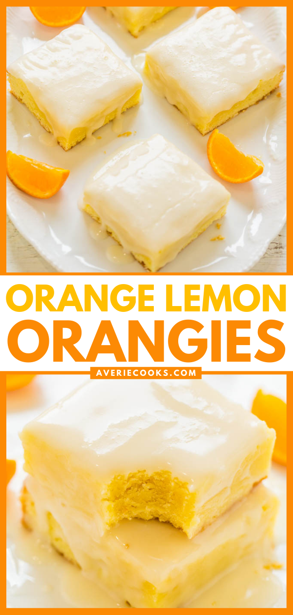 Orange Bars — Like brownies, but made with orange, lemon, and white chocolate!! Fast, EASY, dense, chewy, and packed with big, BOLD citrus flavor!!