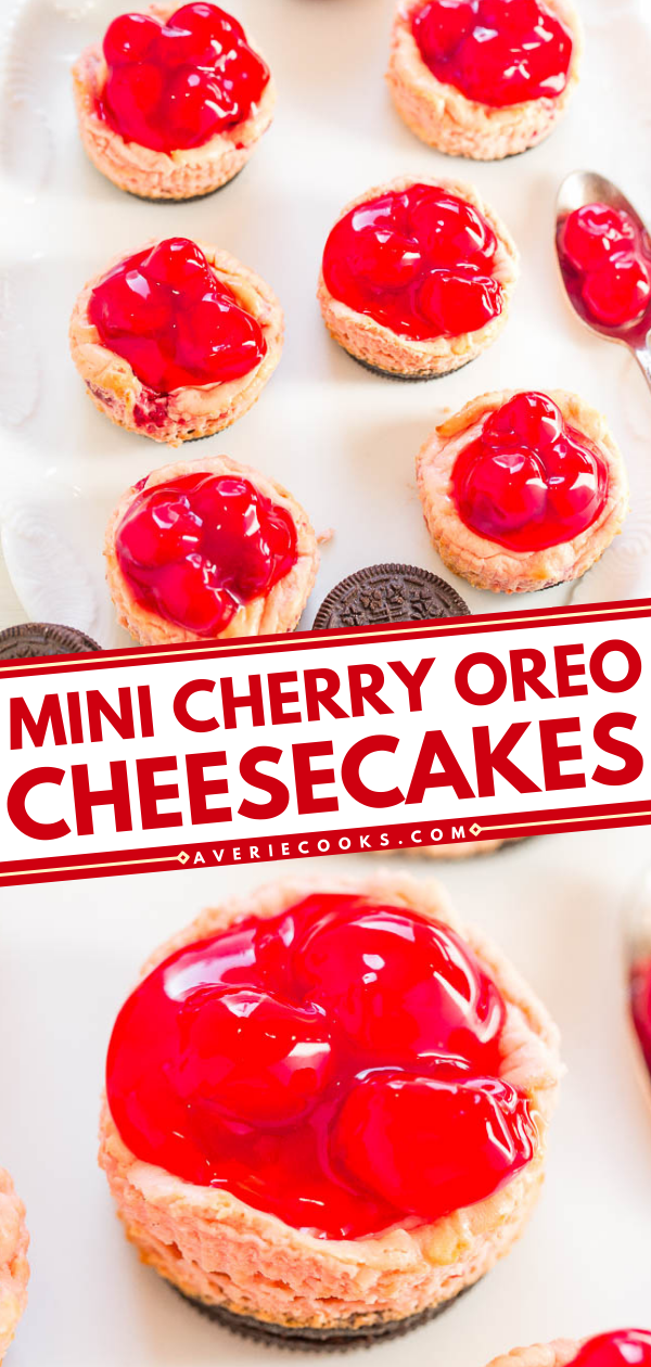 Mini Cherry Oreo Cheesecakes - EASY mini cheesecakes loaded with cherries and an Oreo cookie crust!! The hit of your Valentine's Day party! Mini food is IRRESISTIBLE!!