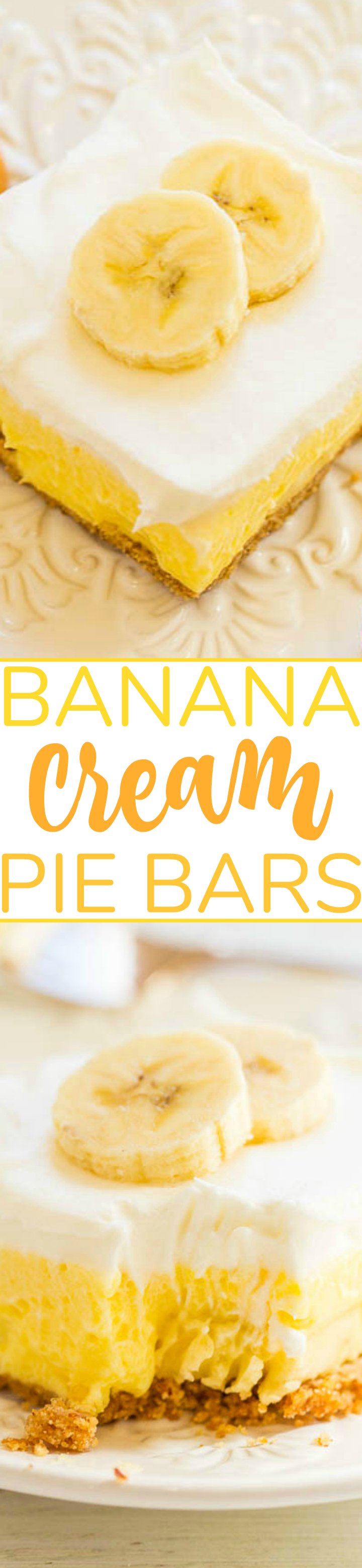 Banana Cream Pie Bars - Faster and easier than making a banana cream pie and taste AMAZING!! A crunchy crust, tender banana slices, luscious banana pudding, and creamy whipped topping make these layered pie bars WINNERS!!