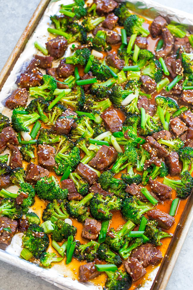 Overhead shot of 15-Minute Sheet Pan Beef and Broccoli