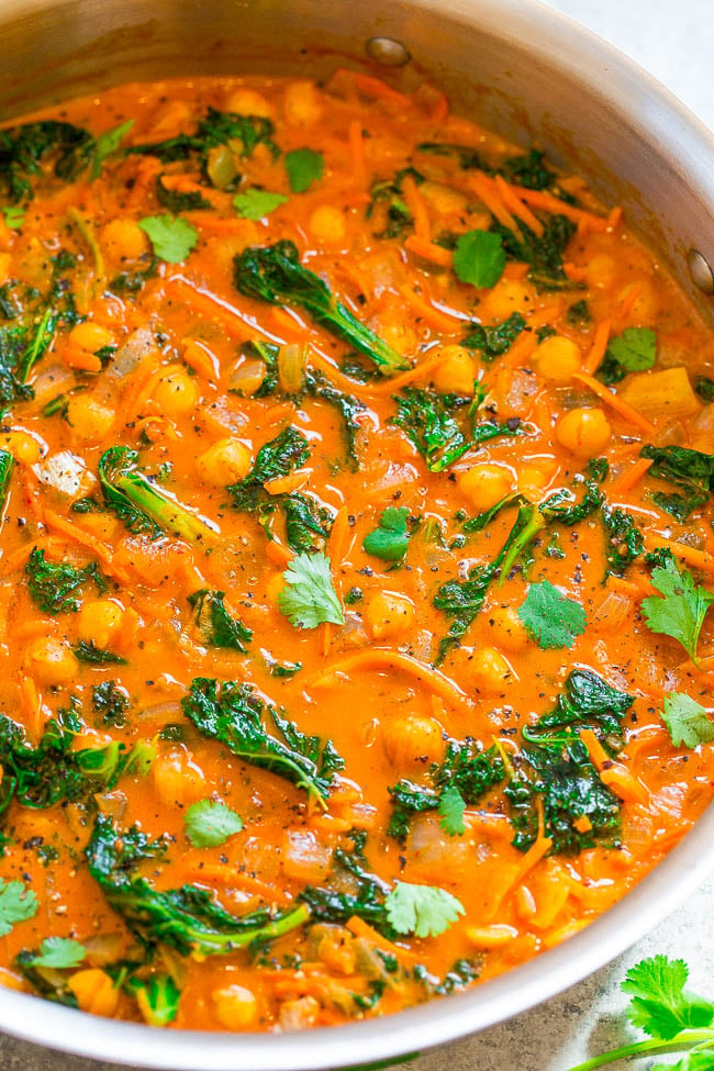Thai Chickpea and Kale Curry — An EASY one-skillet vegan curry that’s ready in 15 minutes and has AMAZING Thai-inspired flavors!! Low-cal, low-carb, and HEALTHY but tastes like hearty comfort food!!