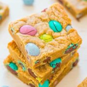 Stack of colorful candy-studded cookie bars.